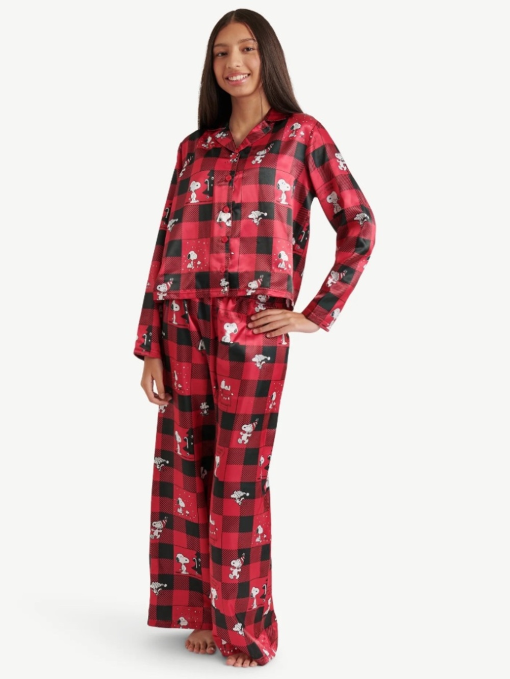 Snoopy Girls LS Red Lg Check Notch Collar 2 PC Pajama Set Size 7-8 NWT